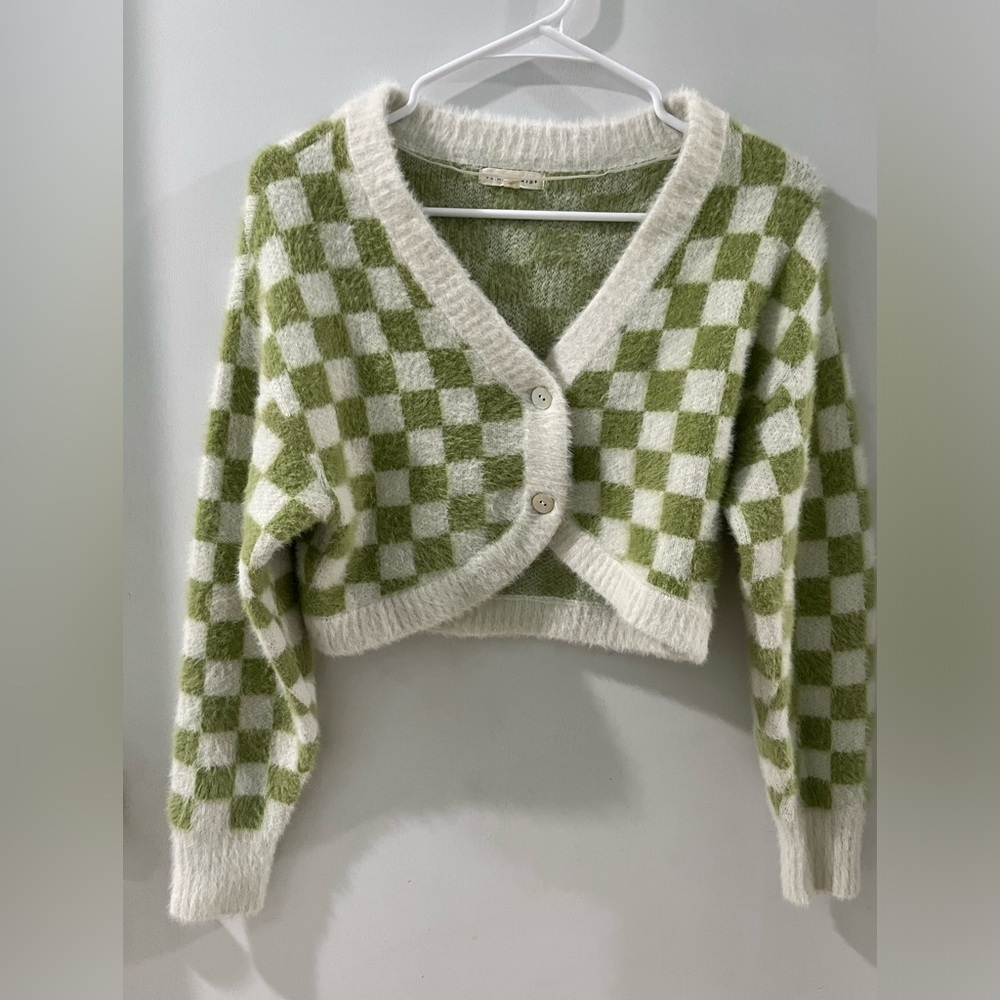 La Hearts Cropped Checkerboard Cardigan - Green & Cream, size XS